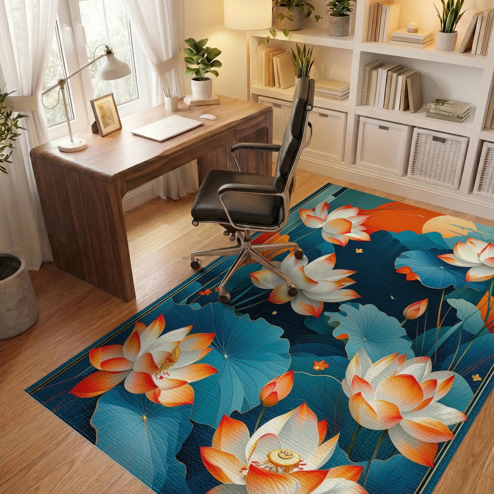 Teal Orange Lotus Sunset Rug - Office View