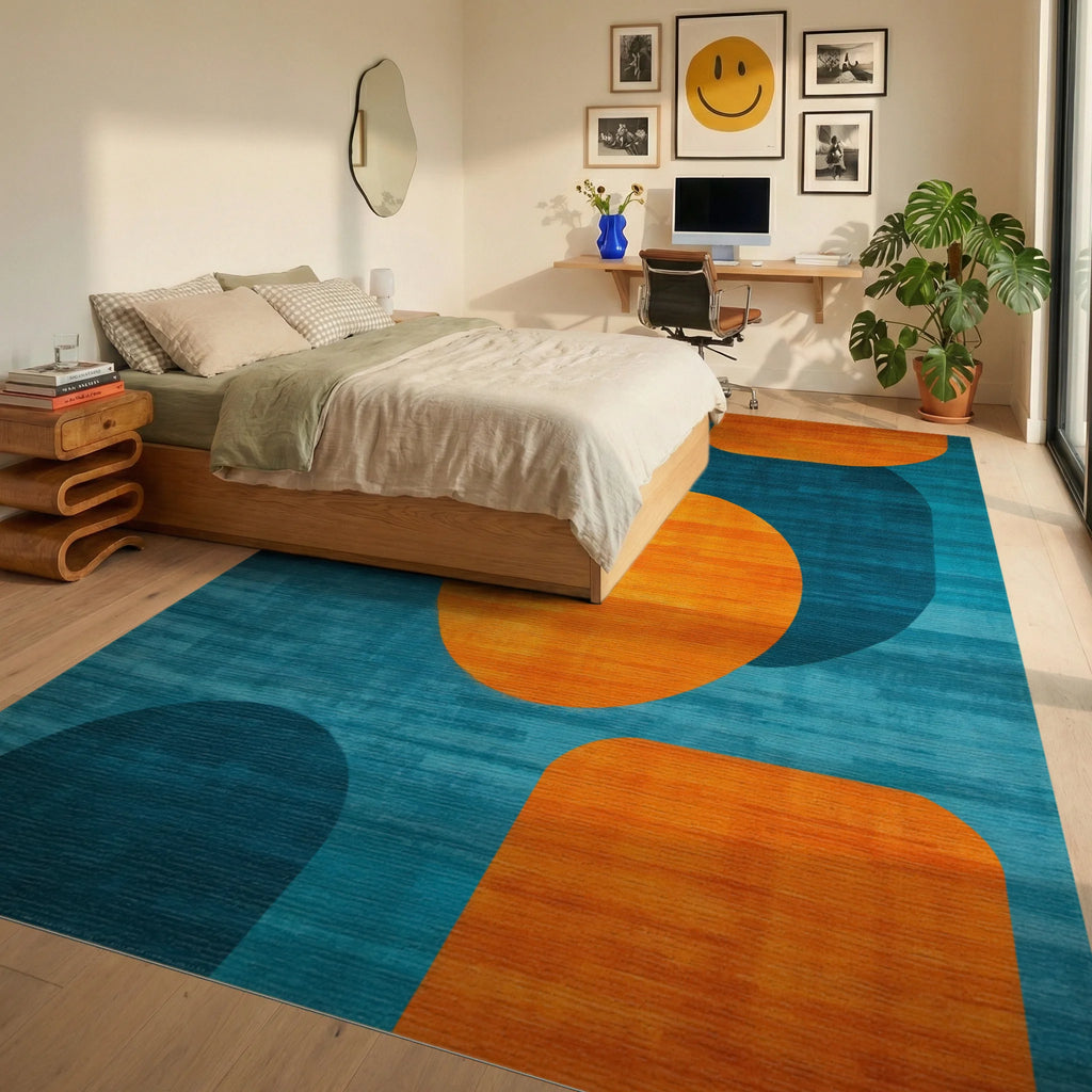 Teal Orange Overlapping Organic Rug - Bedroom View