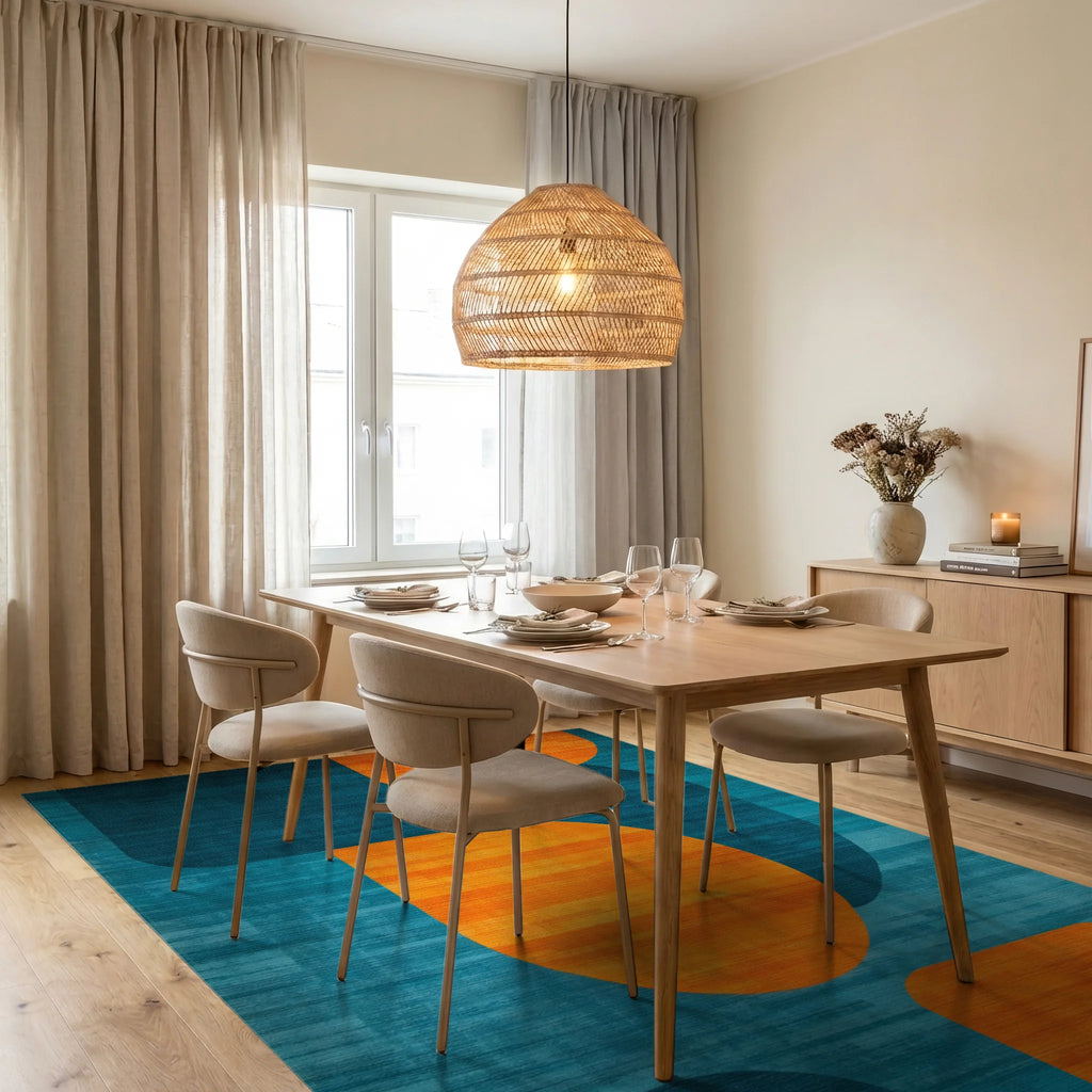 Teal Orange Overlapping Organic Rug - Dining Room View