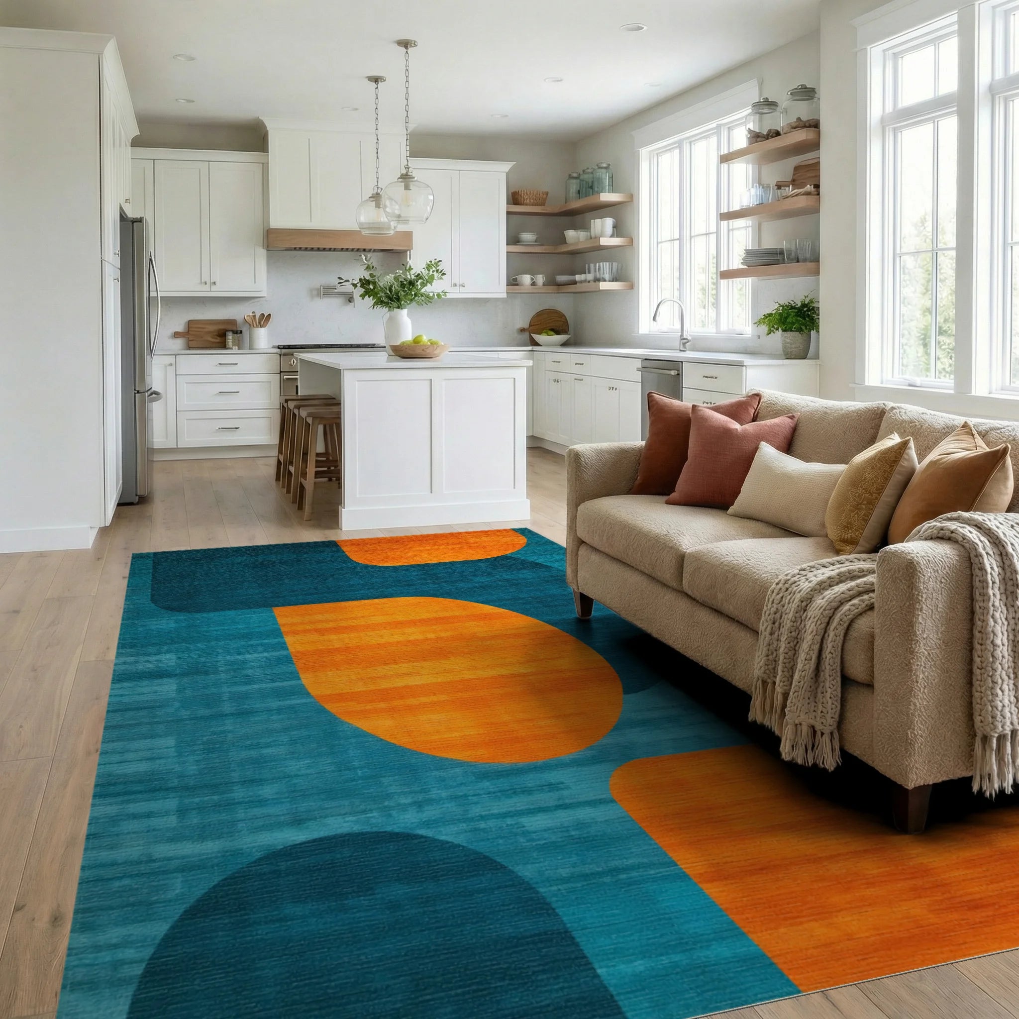 Teal Orange Overlapping Organic Rug - Living Room View