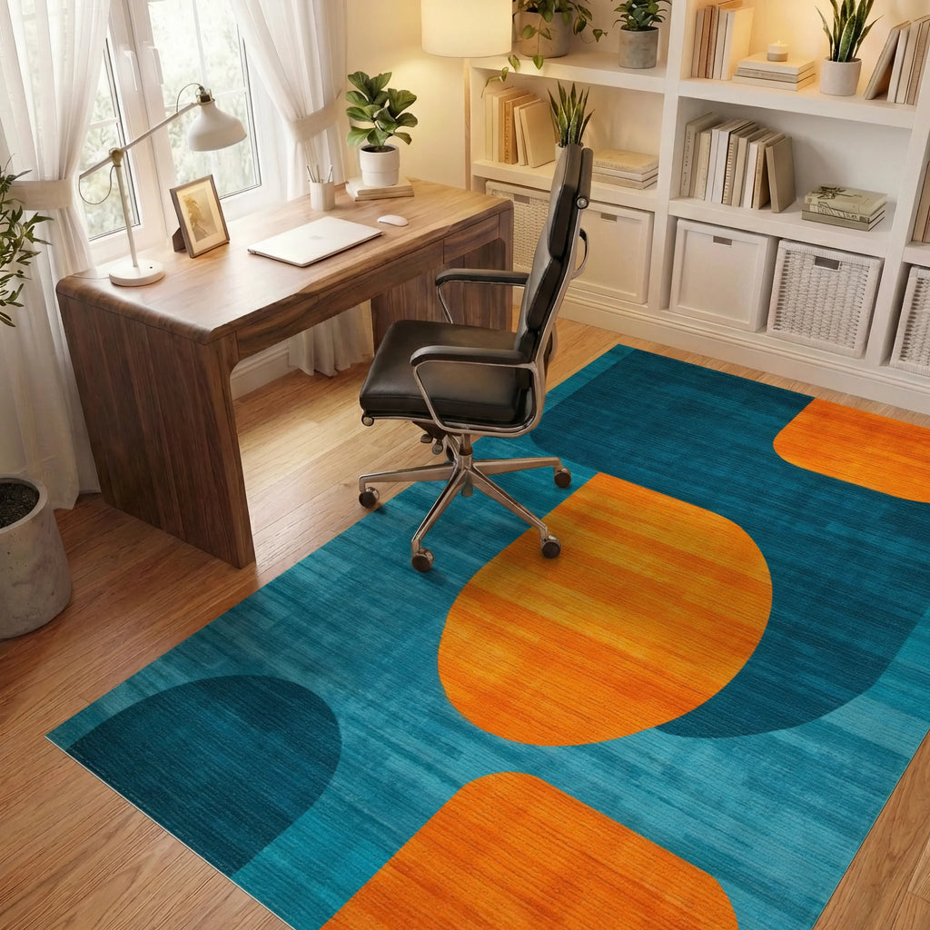 Teal Orange Overlapping Organic Rug - Office View