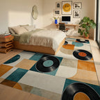 Teal Orange Vinyl Records Geometric Rug - Bedroom View