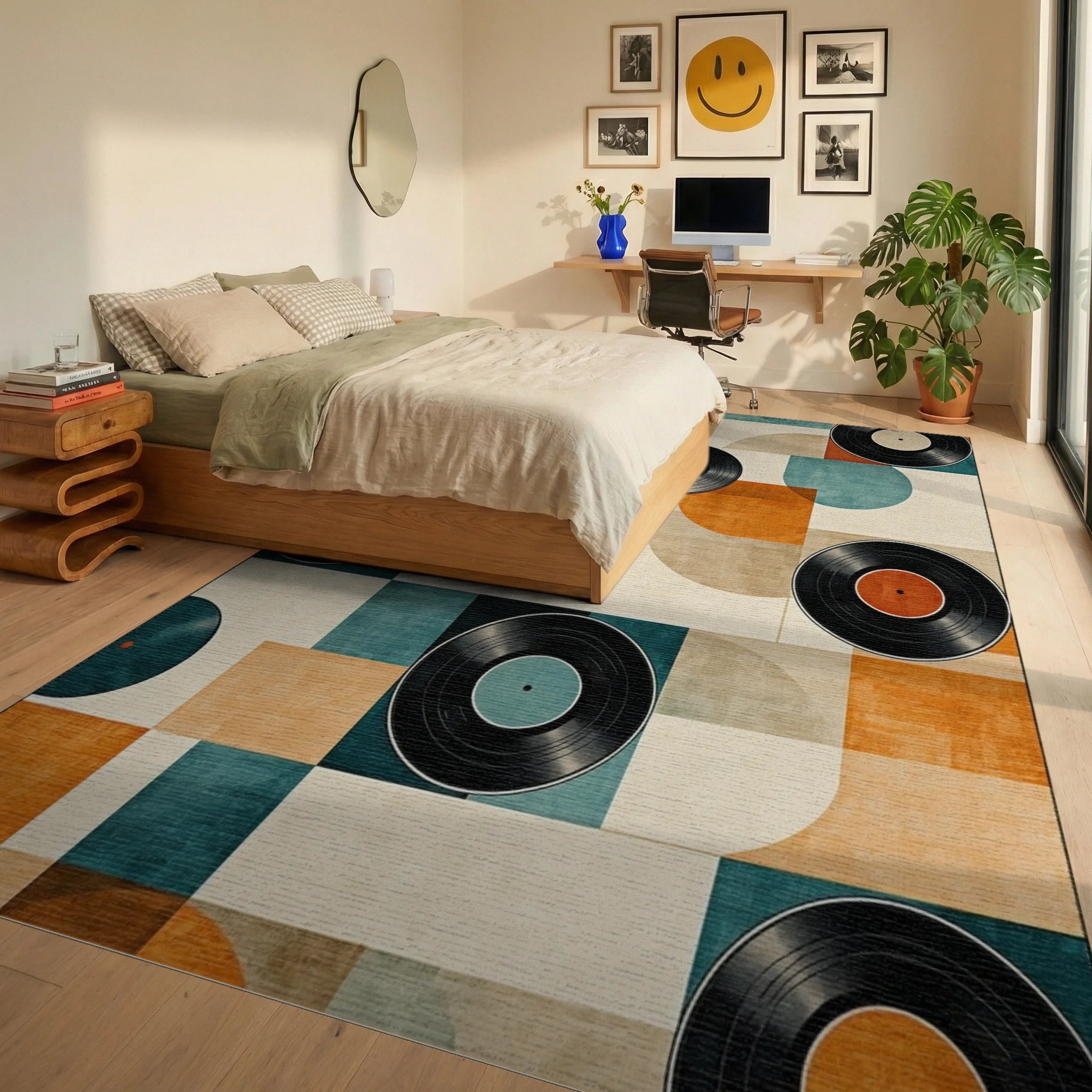 Teal Orange Vinyl Records Geometric Rug - Bedroom View
