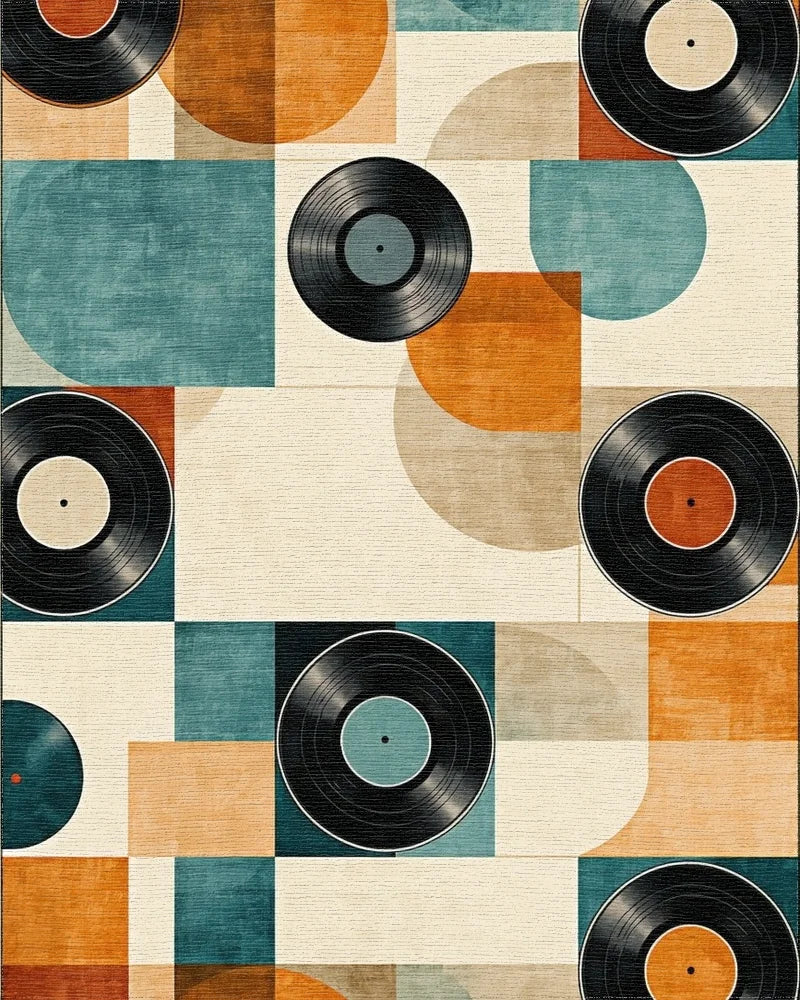 Teal Orange Vinyl Records Geometric Rug - Cutout View