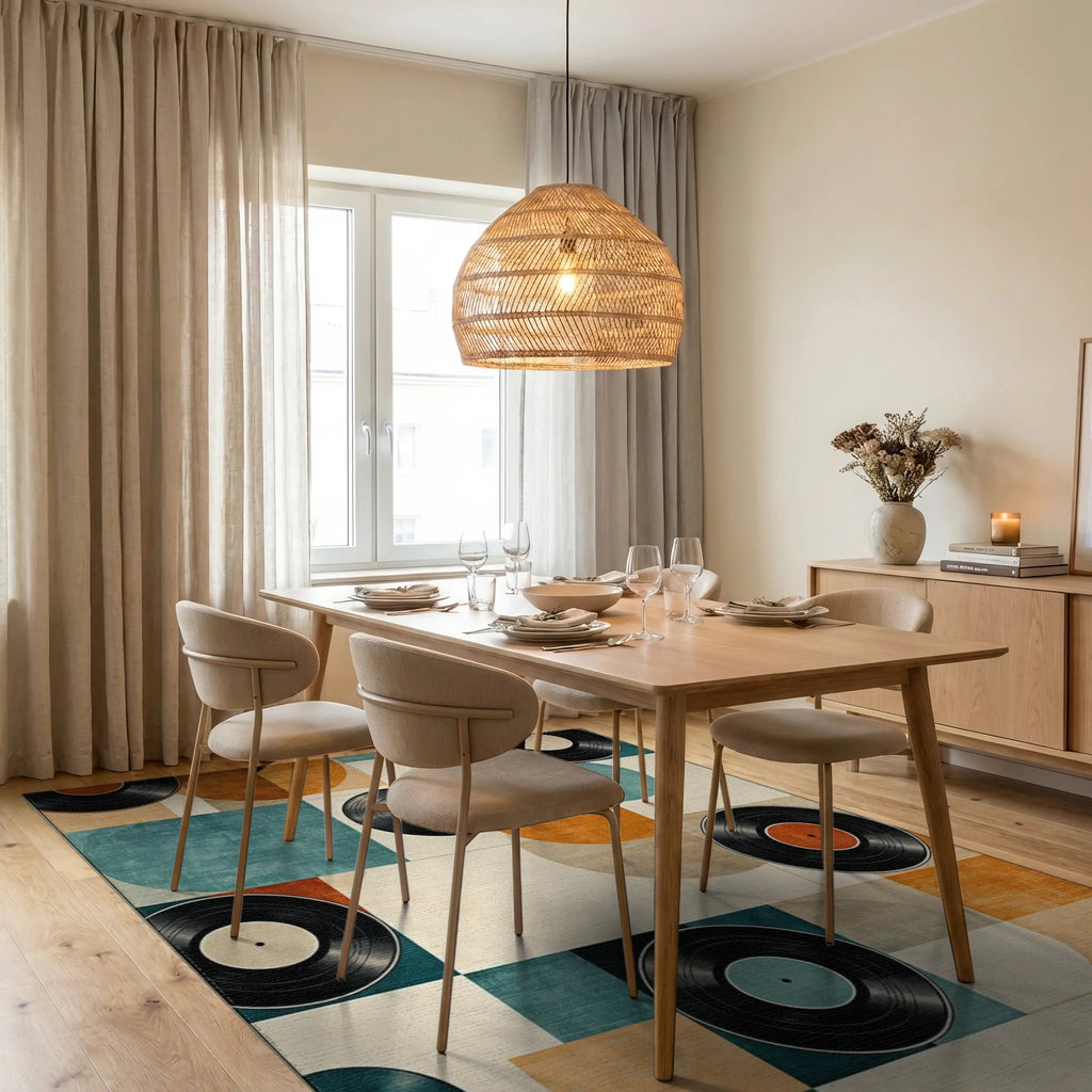 Teal Orange Vinyl Records Geometric Rug - Dining Room View