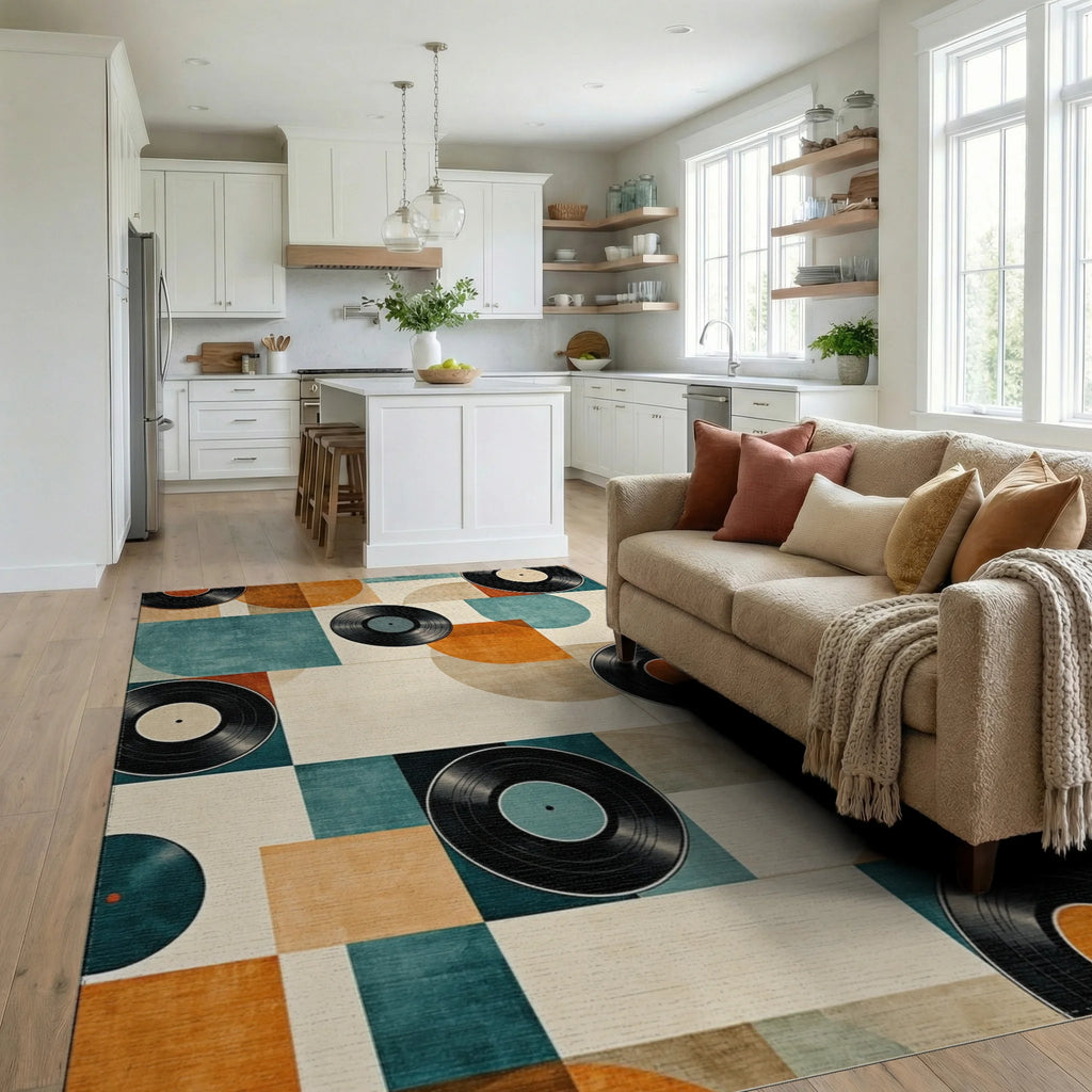 Teal Orange Vinyl Records Geometric Rug - Living Room View