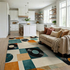 Teal Orange Vinyl Records Geometric Rug - Living Room View