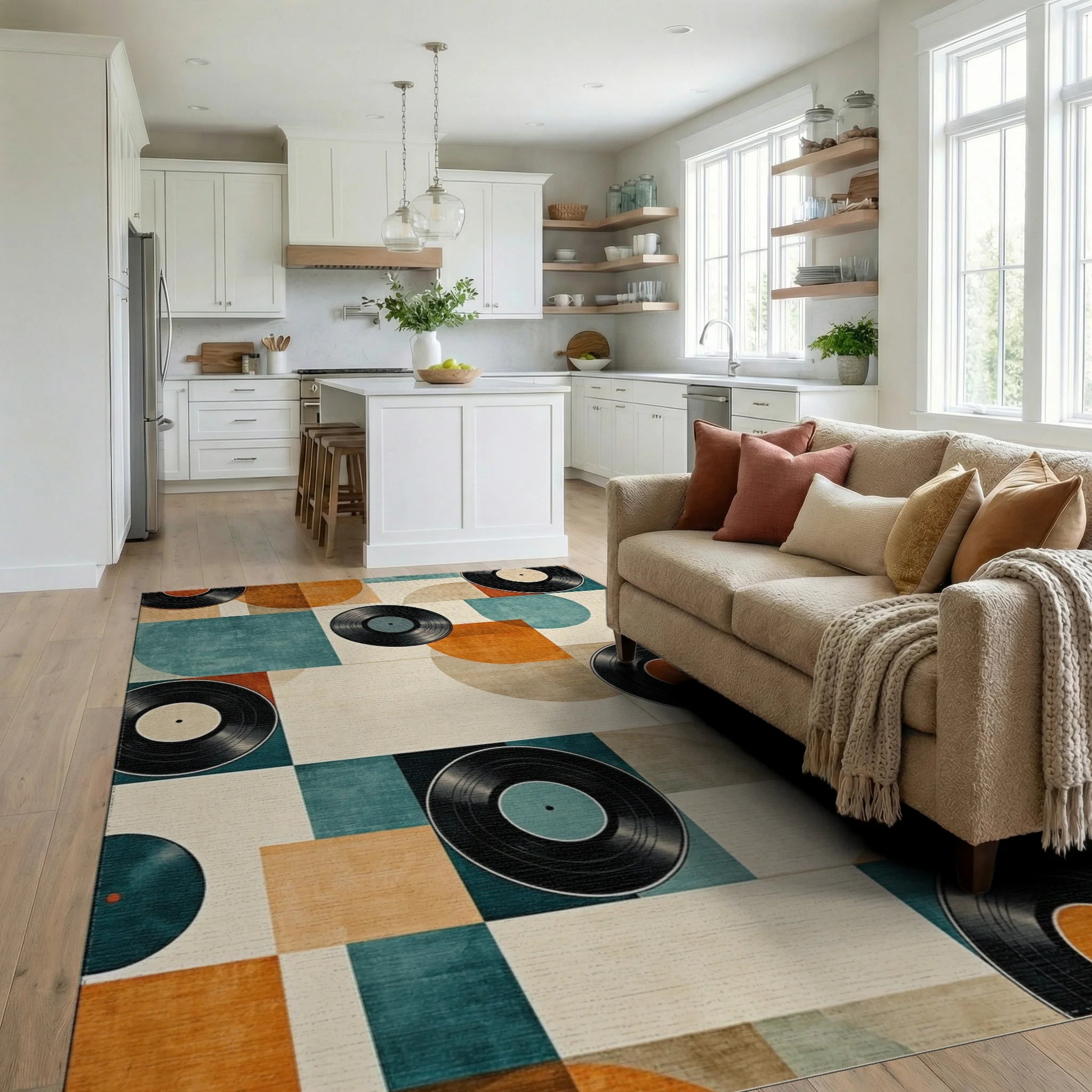Teal Orange Vinyl Records Geometric Rug - Living Room View