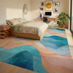 Teal Orange Wavy Abstract Rug Bedroom View