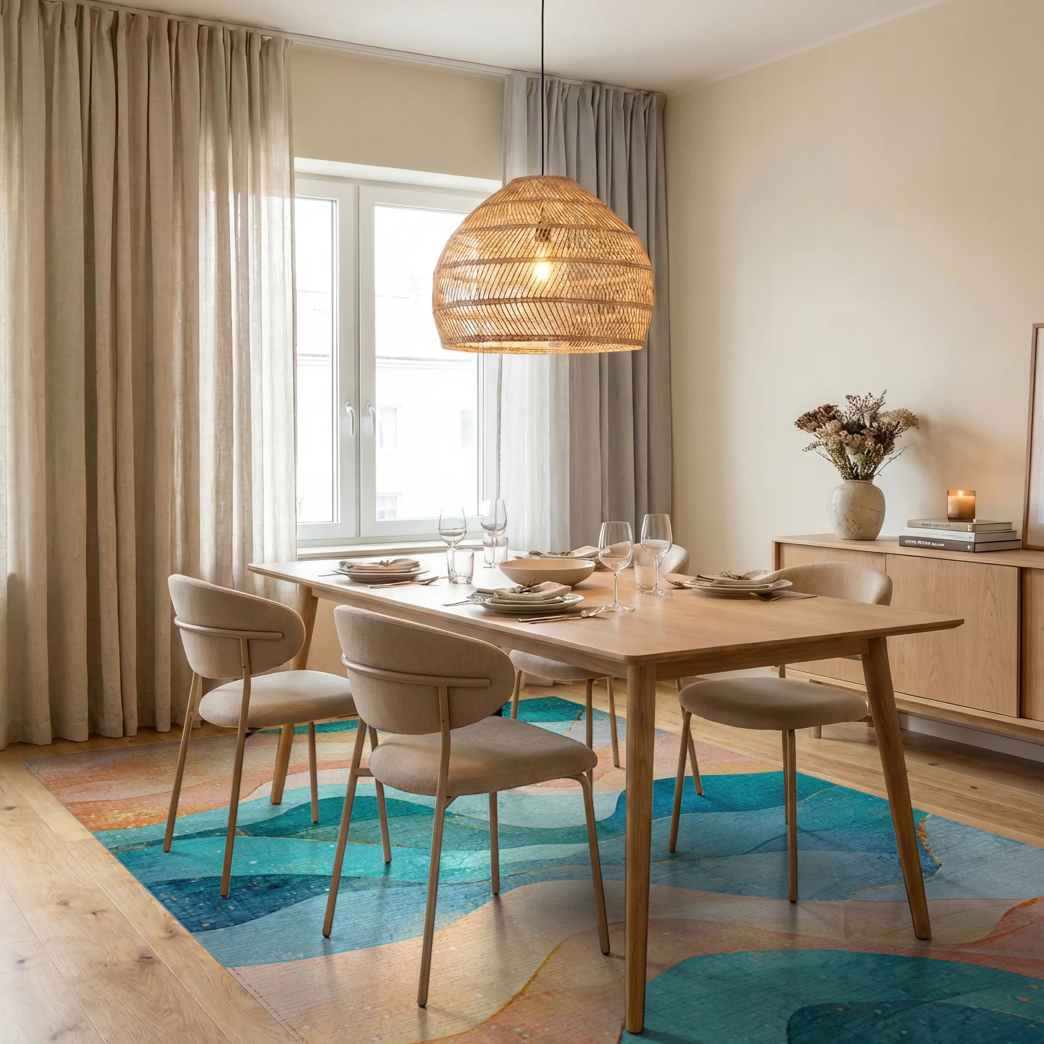 Teal Orange Wavy Abstract Rug Dining Room View