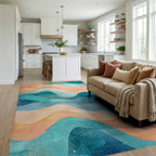 Teal Orange Wavy Abstract Rug Living Room View