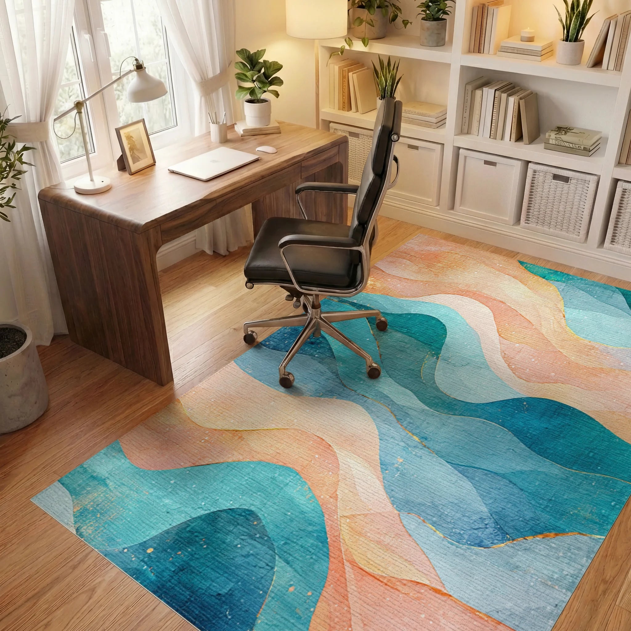 Teal Orange Wavy Abstract Rug Office View