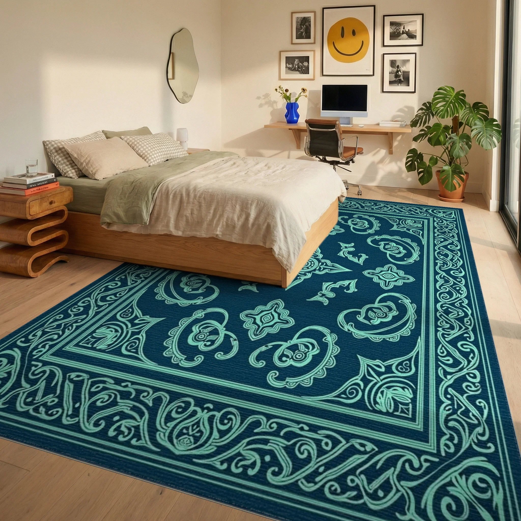 Teal Ornamental Paisley Medallion Rug Bedroom View