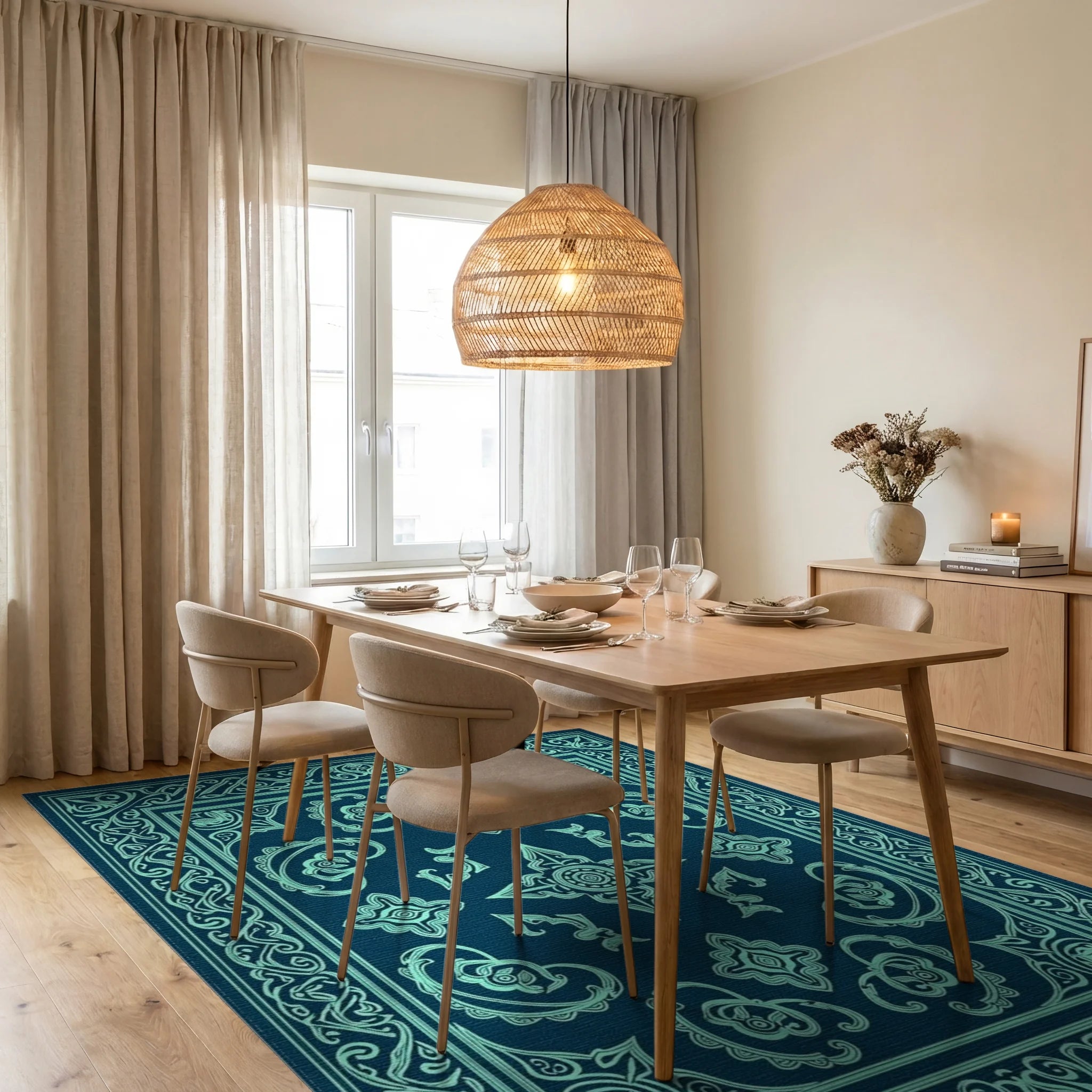 Teal Ornamental Paisley Medallion Rug Dining Room View