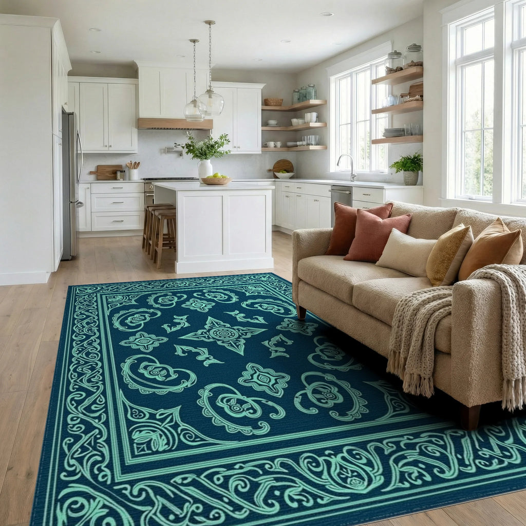 Teal Ornamental Paisley Medallion Rug Living Room View