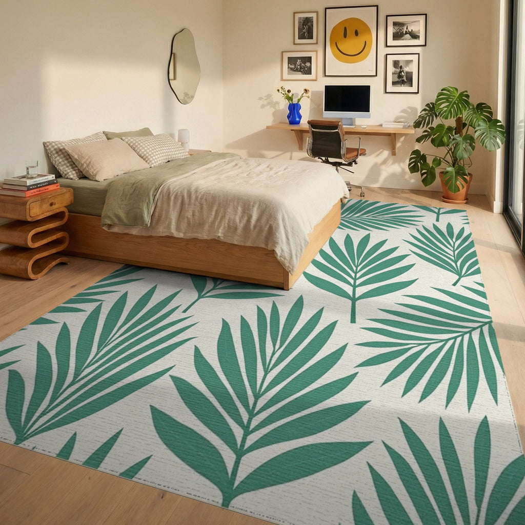 Teal Palm Leaf Patterned Rug Bedroom View