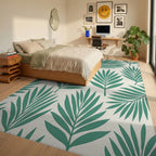 Teal Palm Leaf Patterned Rug Bedroom View