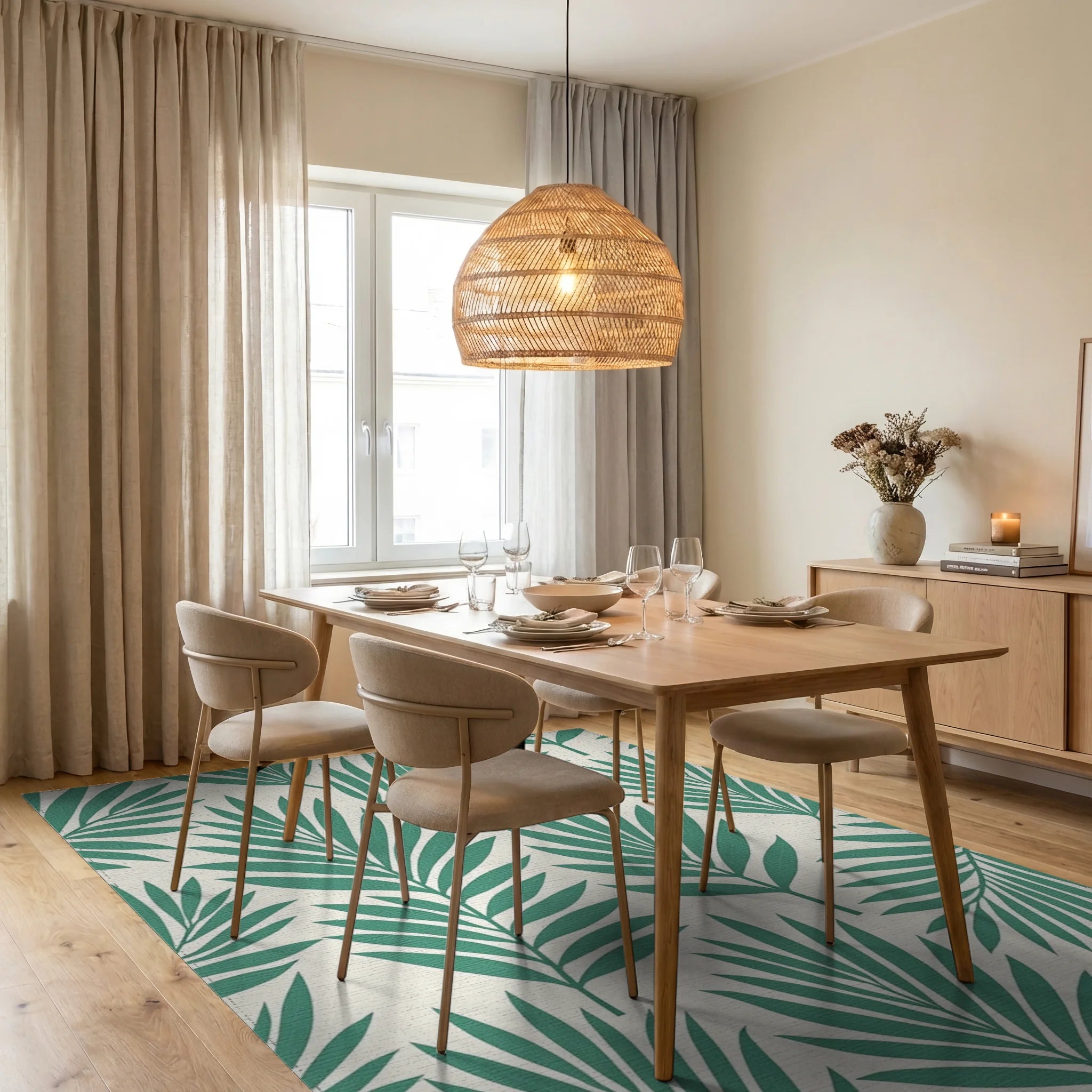 Teal Palm Leaf Patterned Rug Dining Room View