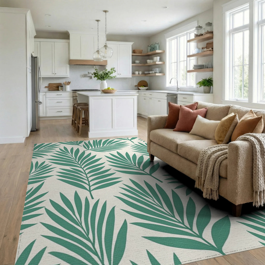 Teal Palm Leaf Patterned Rug Living Room View