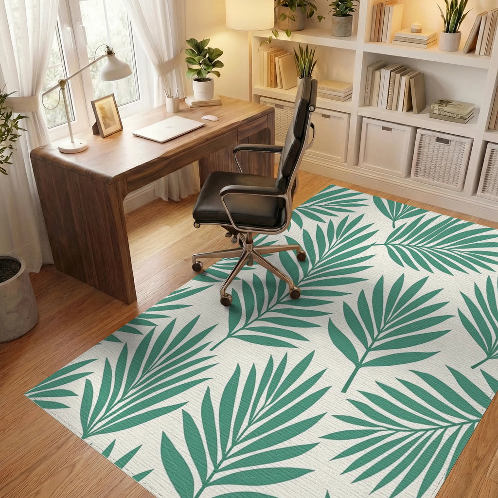 Teal Palm Leaf Patterned Rug Office View