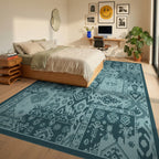 Teal Patchwork Geometric Medallion Rug Bedroom View