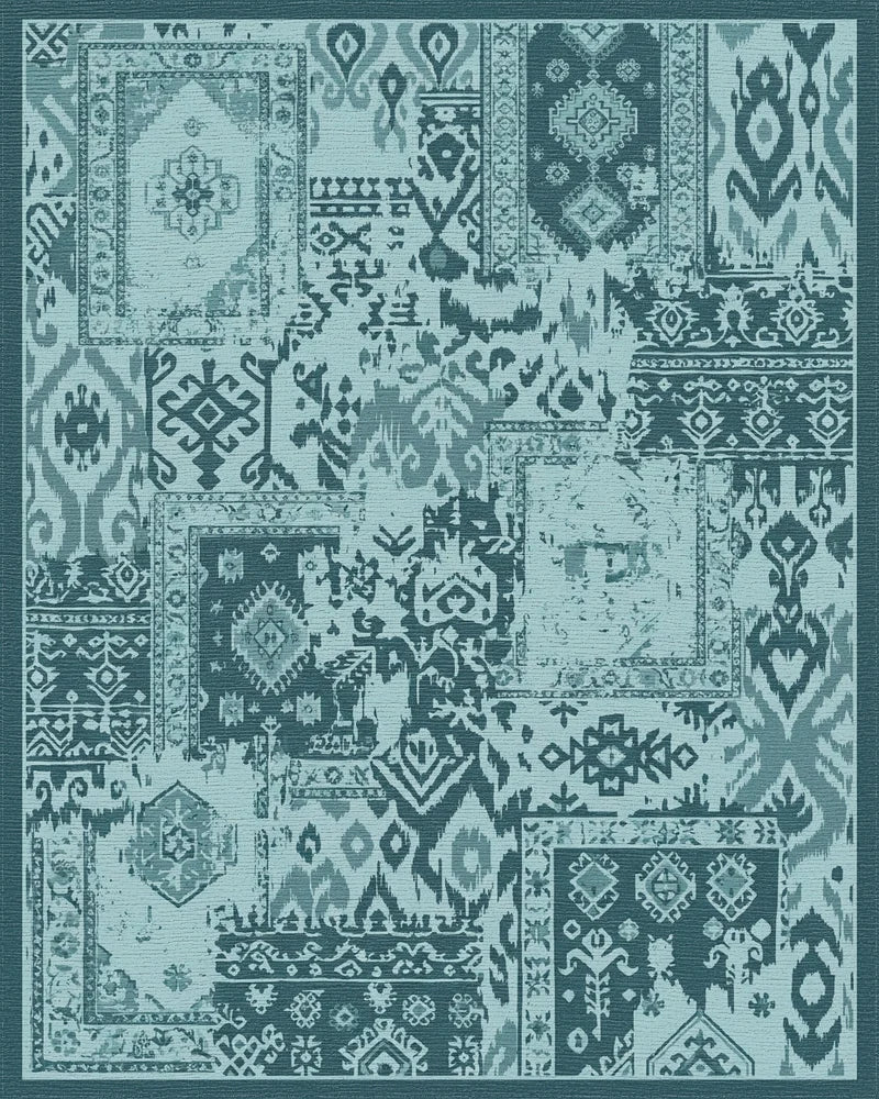 Teal Patchwork Geometric Medallion Rug - Cutout View
