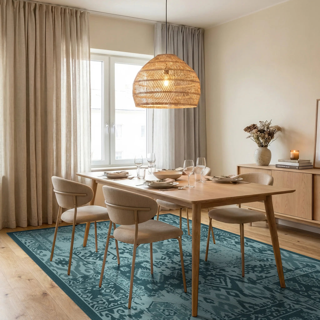 Teal Patchwork Geometric Medallion Rug Dining Room View