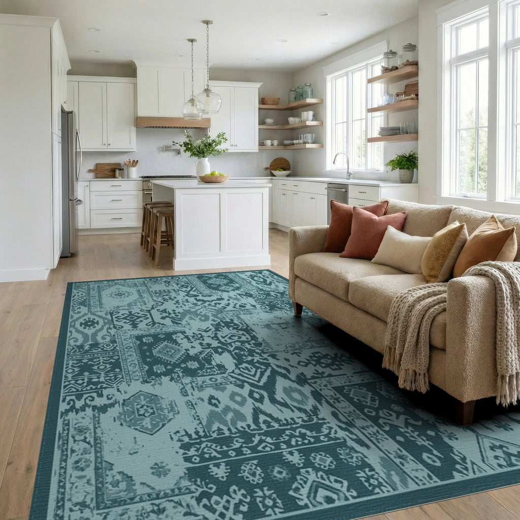 Teal Patchwork Geometric Medallion Rug Living Room View