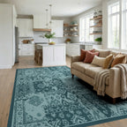 Teal Patchwork Geometric Medallion Rug Living Room View