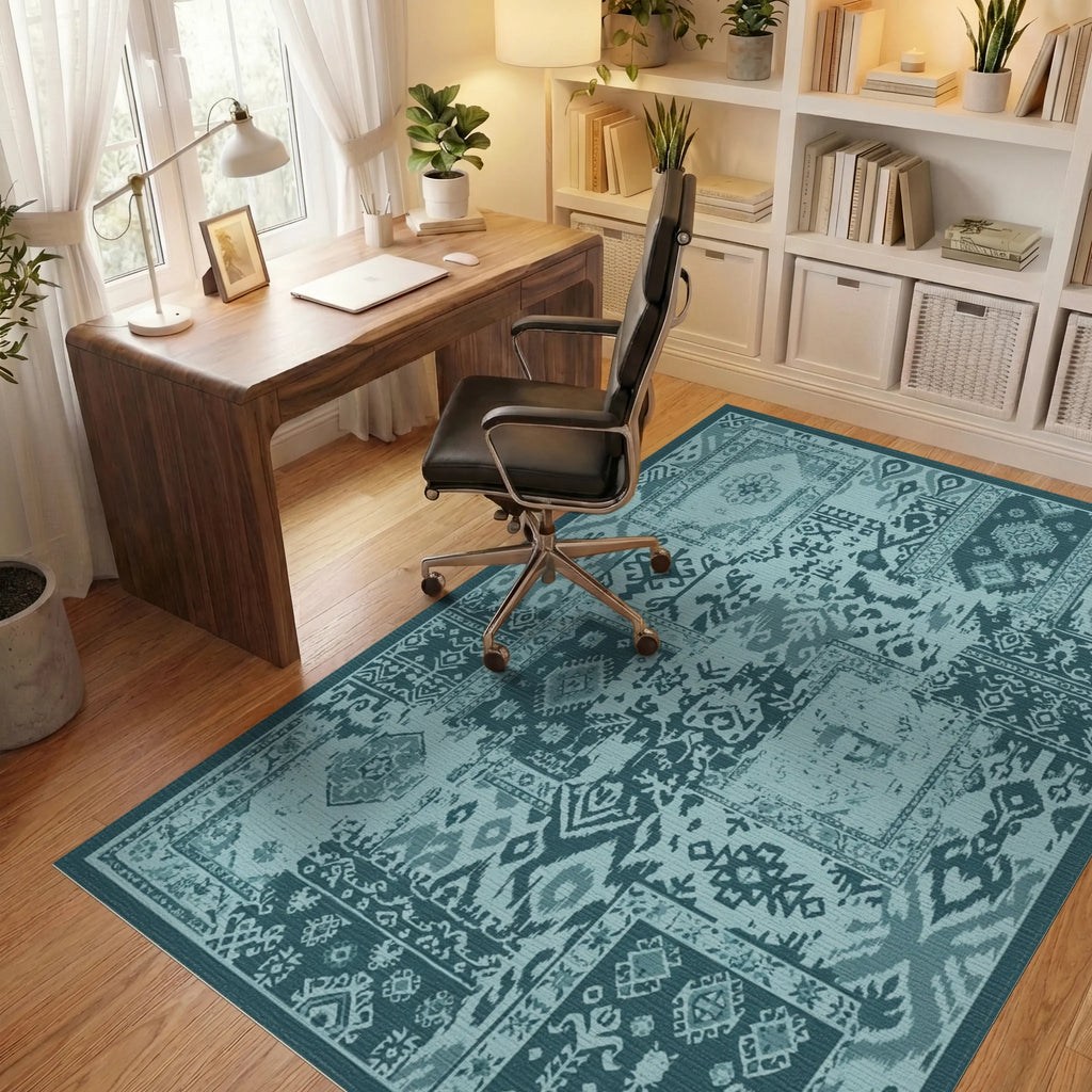 Teal Patchwork Geometric Medallion Rug Office View