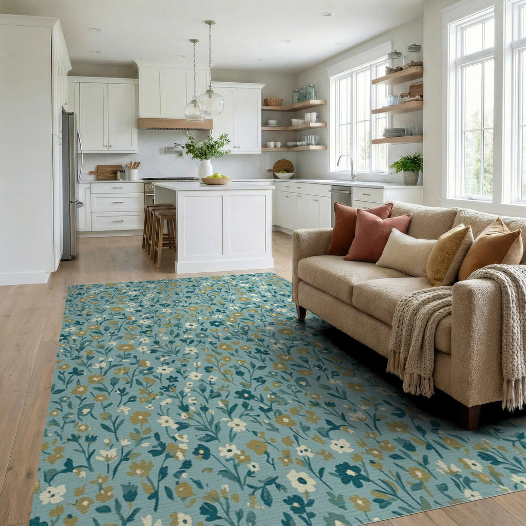 Teal Petite Floral Meadow Rug Living Room View