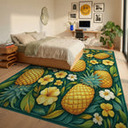 Teal Pineapple Floral Tropical Rug Bedroom View