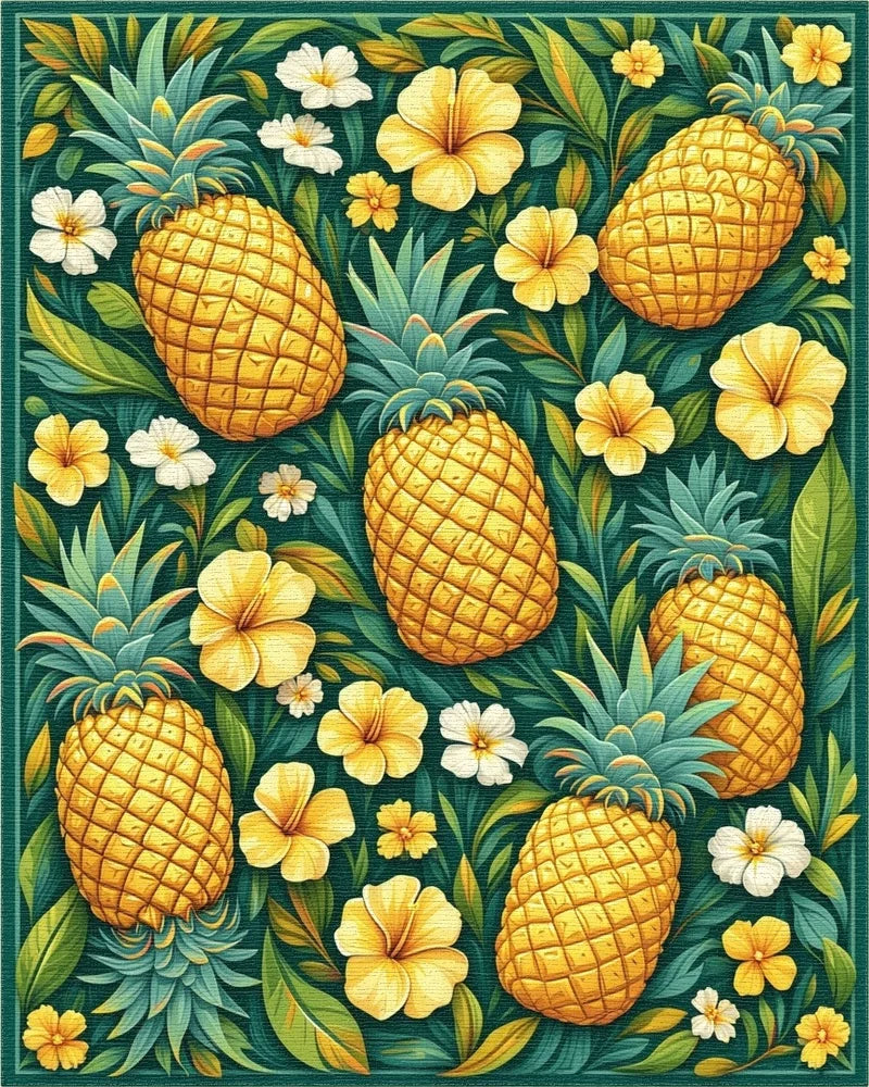 Teal Pineapple Floral Tropical Rug - Cutout View