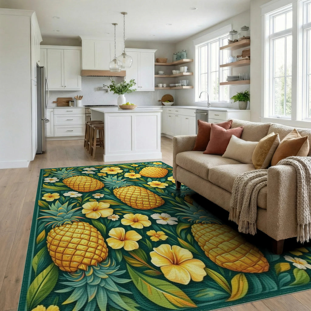 Teal Pineapple Floral Tropical Rug Living Room View