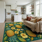 Teal Pineapple Floral Tropical Rug Living Room View