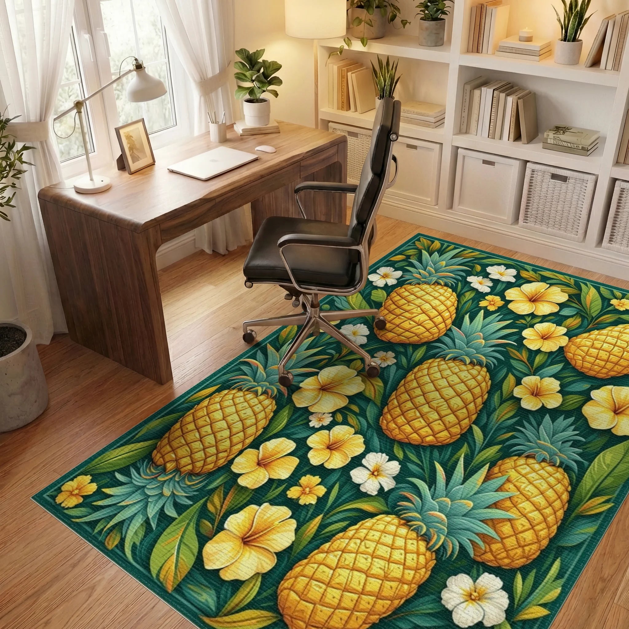 Teal Pineapple Floral Tropical Rug Office View