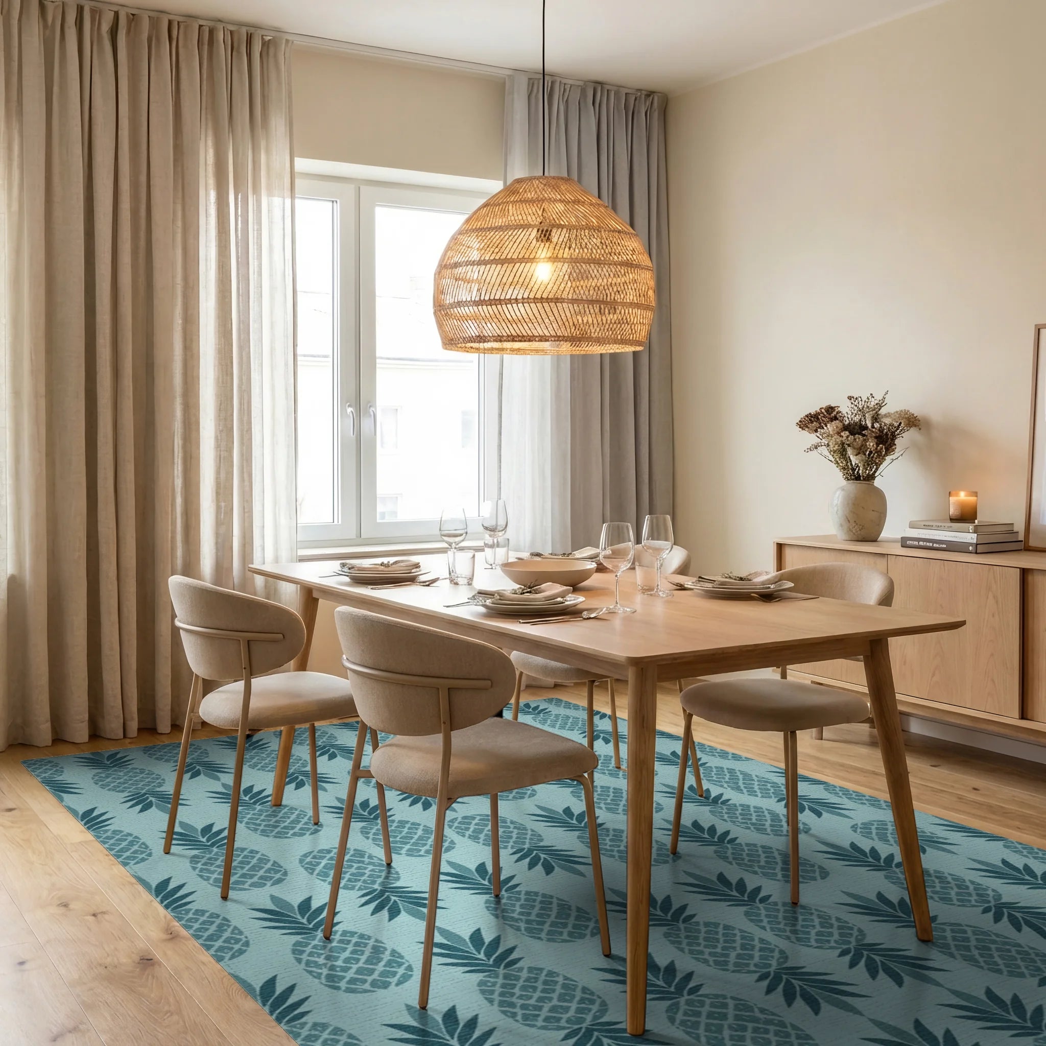 Teal Pineapple Repeating Tropical Fruit Rug Dining Room View