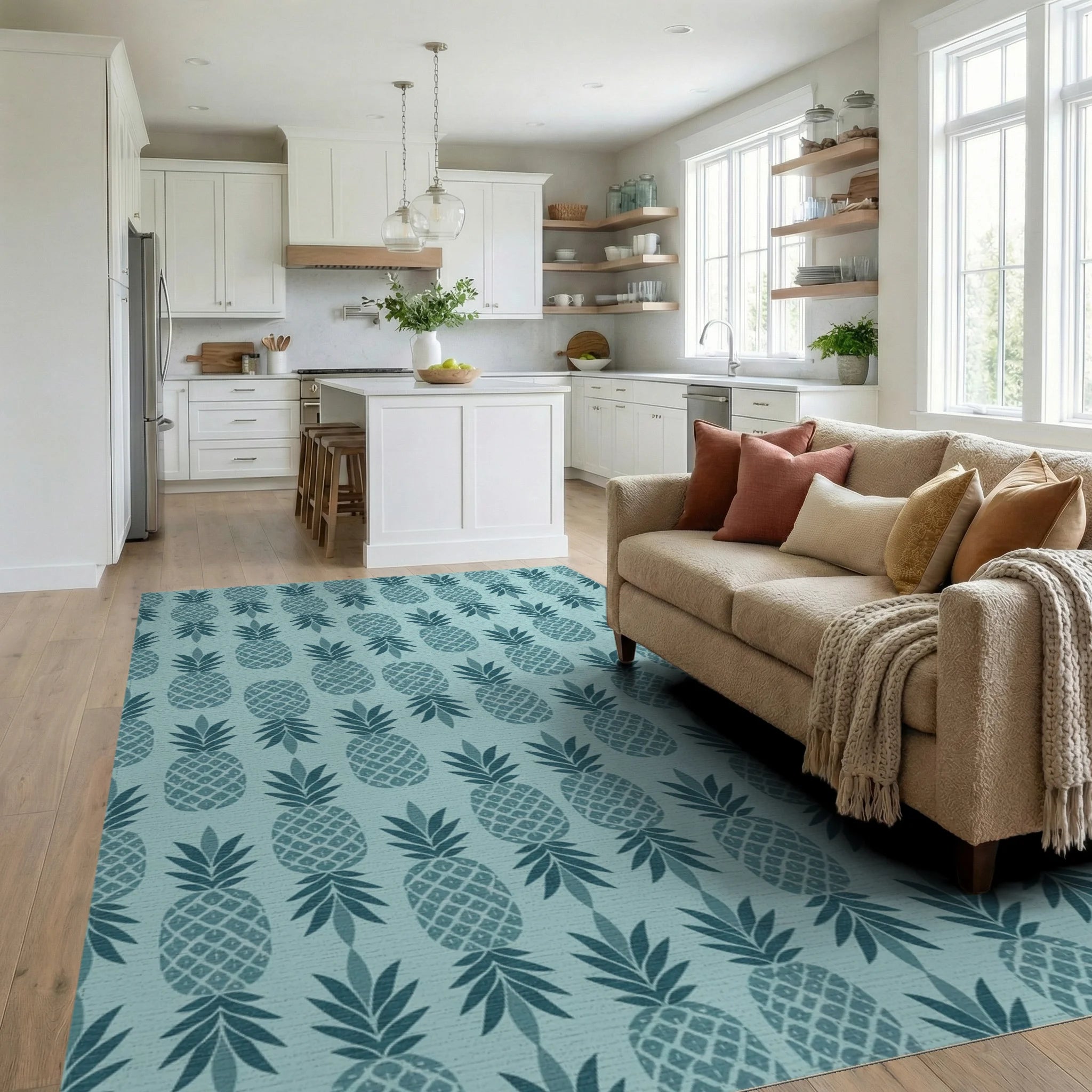 Teal Pineapple Repeating Tropical Fruit Rug Living Room View