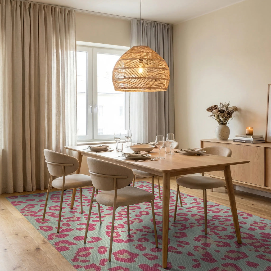Teal Pink Leopard Spot Rug - Dining Room View