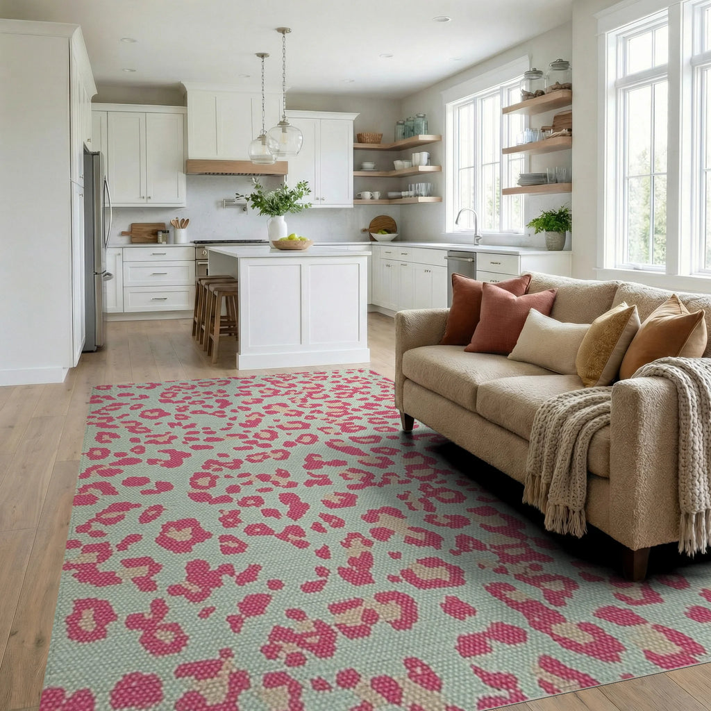 Teal Pink Leopard Spot Rug - Living Room View