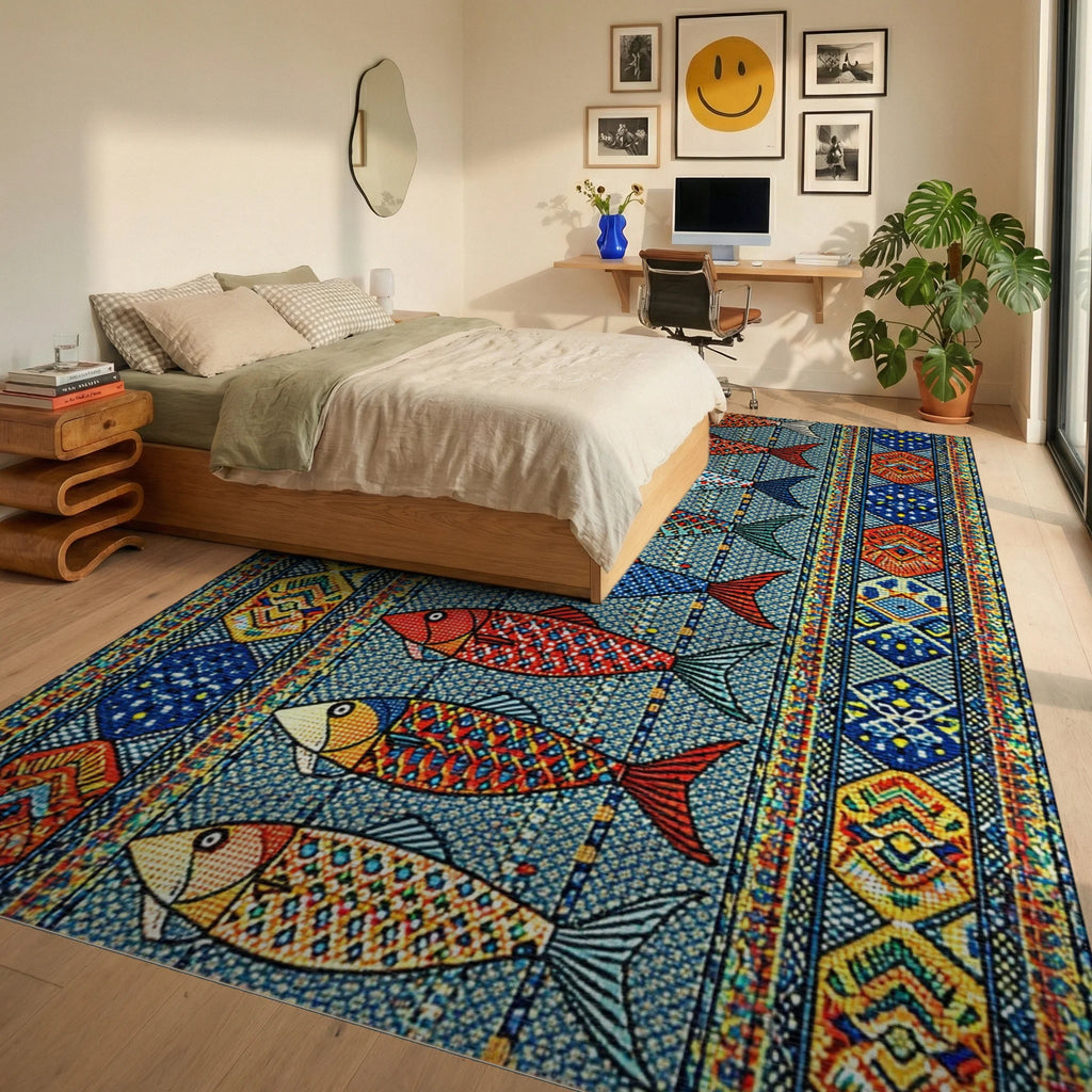 Teal Red Geometric Fish Rug - Bedroom View