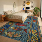Teal Red Geometric Fish Rug - Bedroom View
