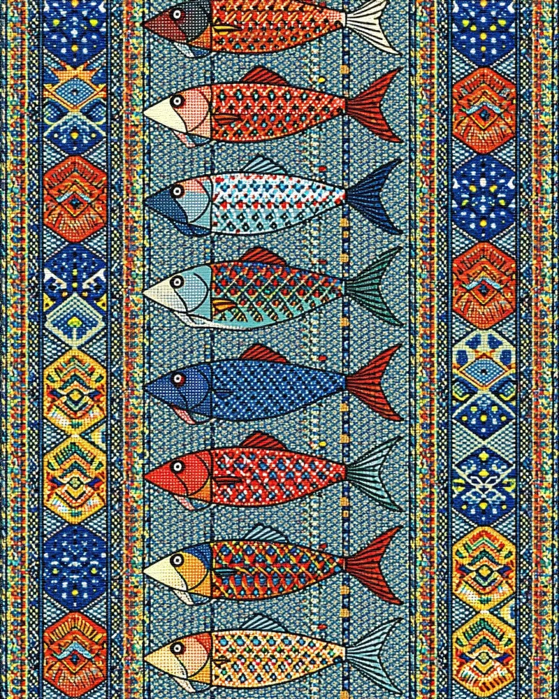 Teal Red Geometric Fish Rug - Cutout View