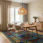 Teal Red Geometric Fish Rug - Dining Room View