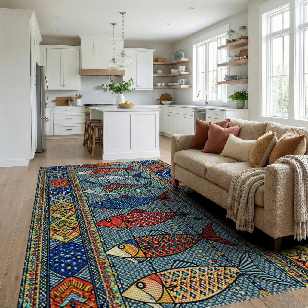 Teal Red Geometric Fish Rug - Living Room View