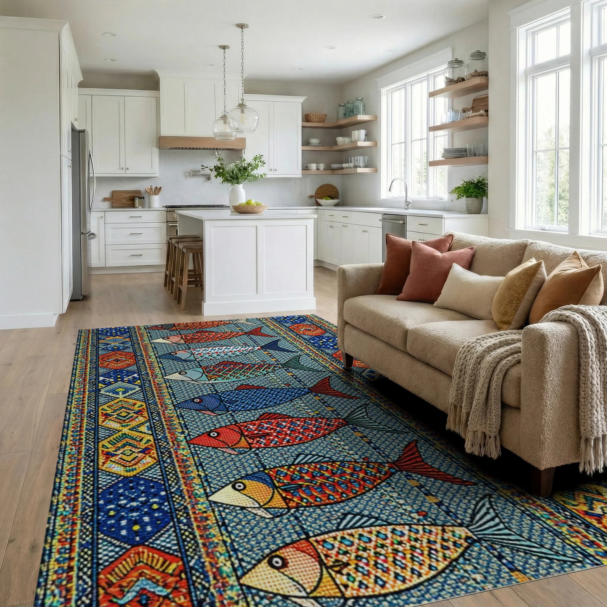 Teal Red Geometric Fish Rug - Living Room View