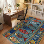 Teal Red Geometric Fish Rug - Office View
