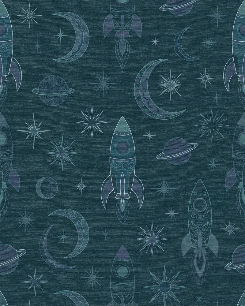 Teal Rocket Moon Starfield Theme Rug - Cutout View