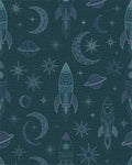 Teal Rocket Moon Starfield Theme Rug - Cutout View