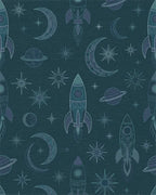 Teal Rocket Moon Starfield Theme Rug - Cutout View